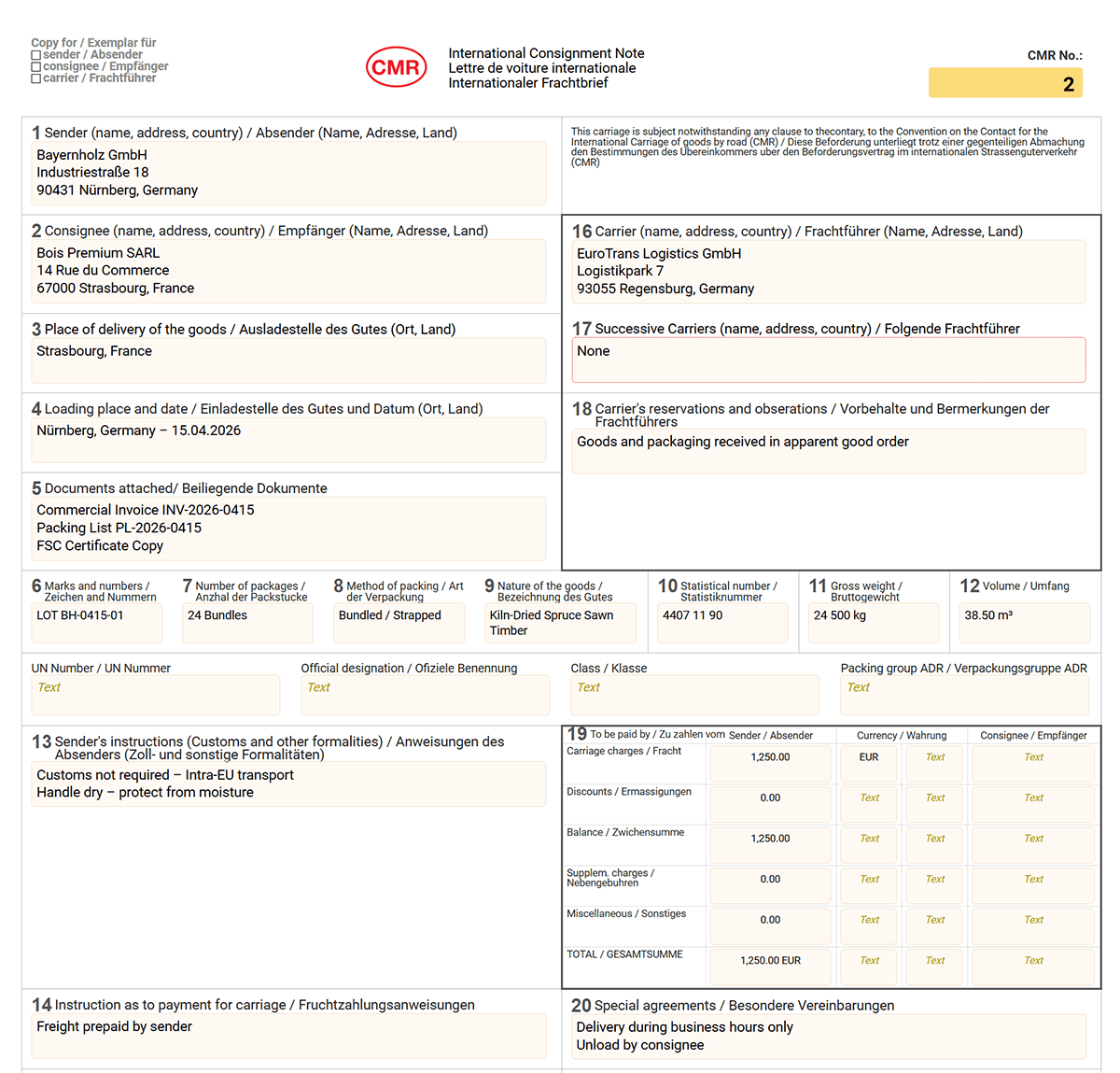 Exempel på CMR-formulär